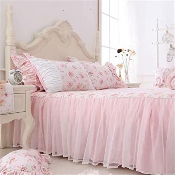 Floral Rose Print Duvet Cover Set Light Pink Lace Ruffle Floral Shabby Chic NWT - Picture 4 of 7